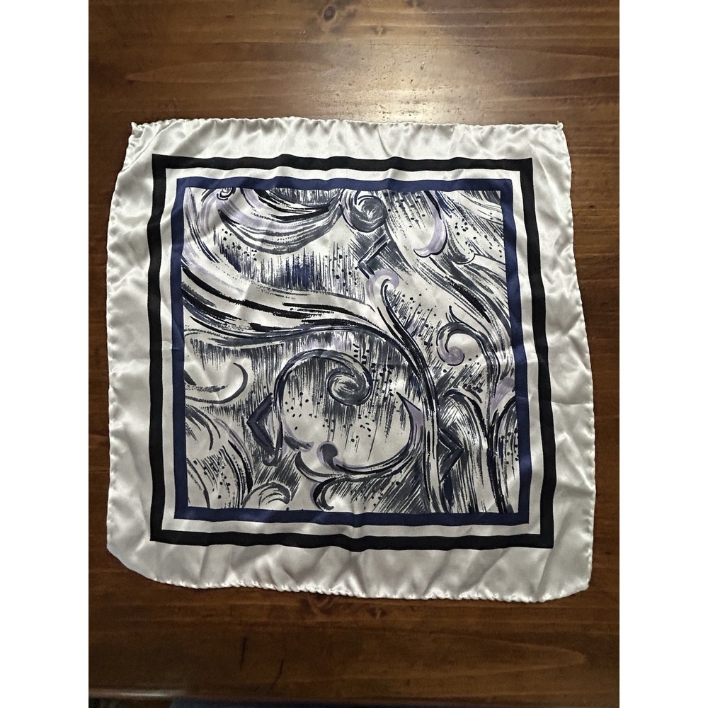 Vintage Silky Square Scarf 13x13 Navy Blue White Abstract Swirl Print Neck Scarf